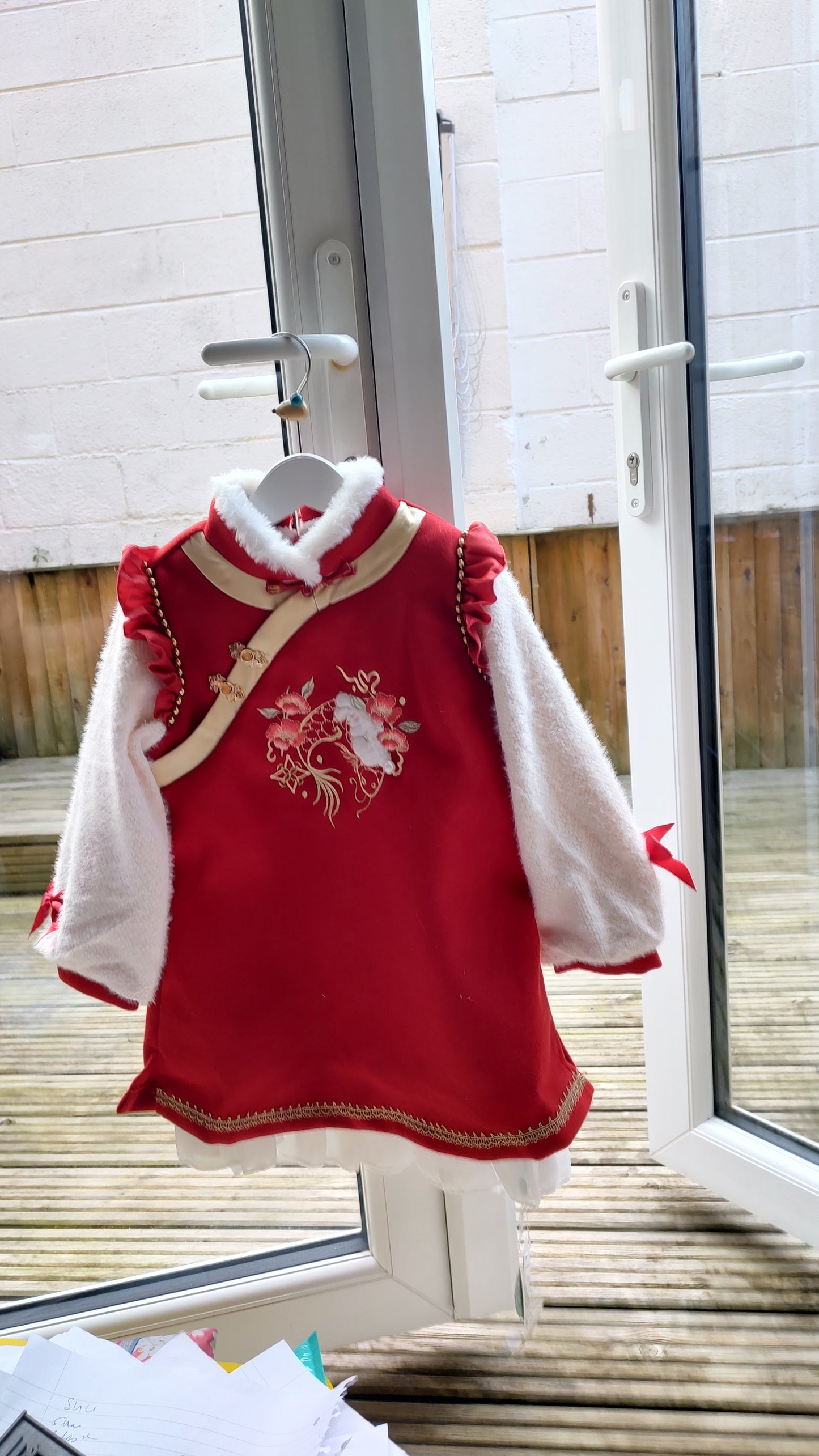 Girls Warm Knitwear Bunny Dress - Red /cream