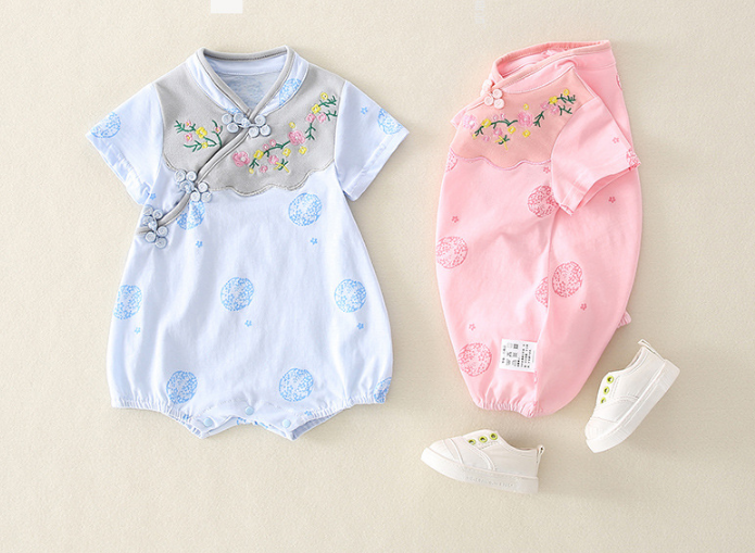 Cotton Floral Embroidery Baby Cheongsam Romper- Pink