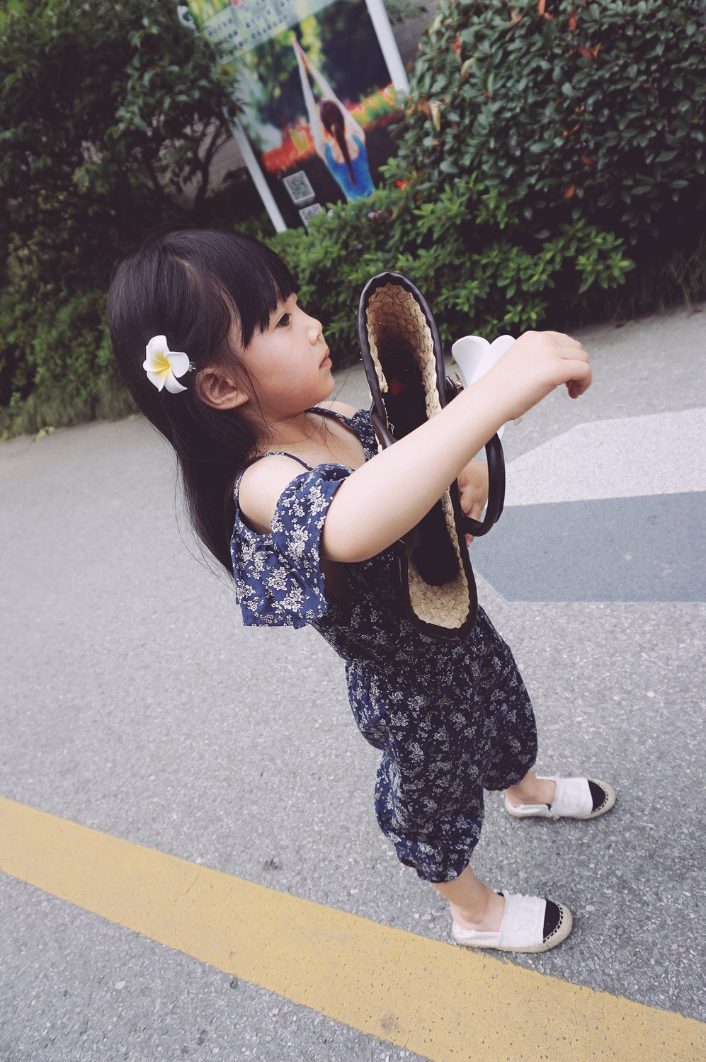 Girls Floral Off Shoulder Blouse and Short Set- Navy