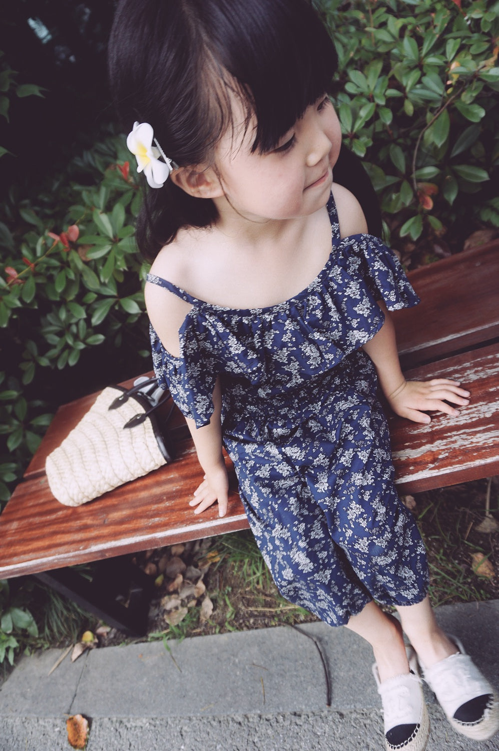Girls Floral Off Shoulder Blouse and Short Set- Navy