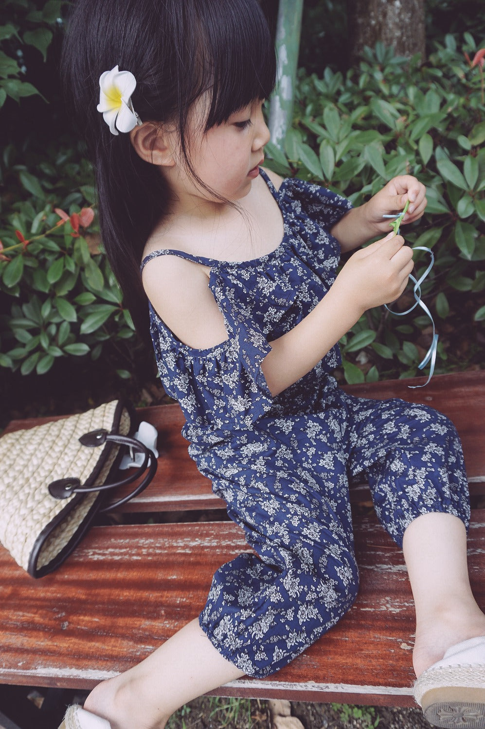 Girls Floral Off Shoulder Blouse and Short Set- Navy