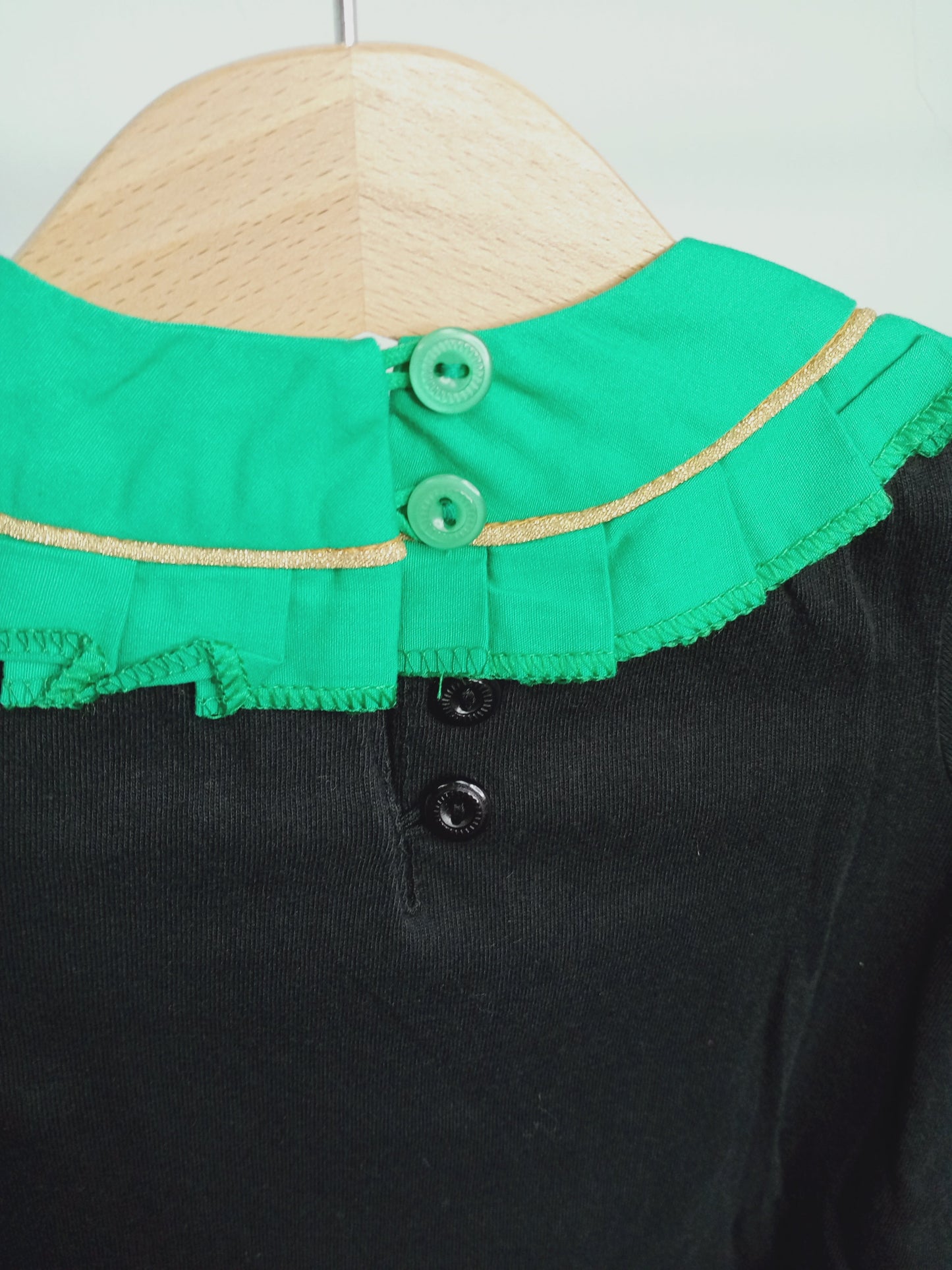 Girl Black Top Long Sleeve - Blue Collar with Jade Button (Made in Korea)