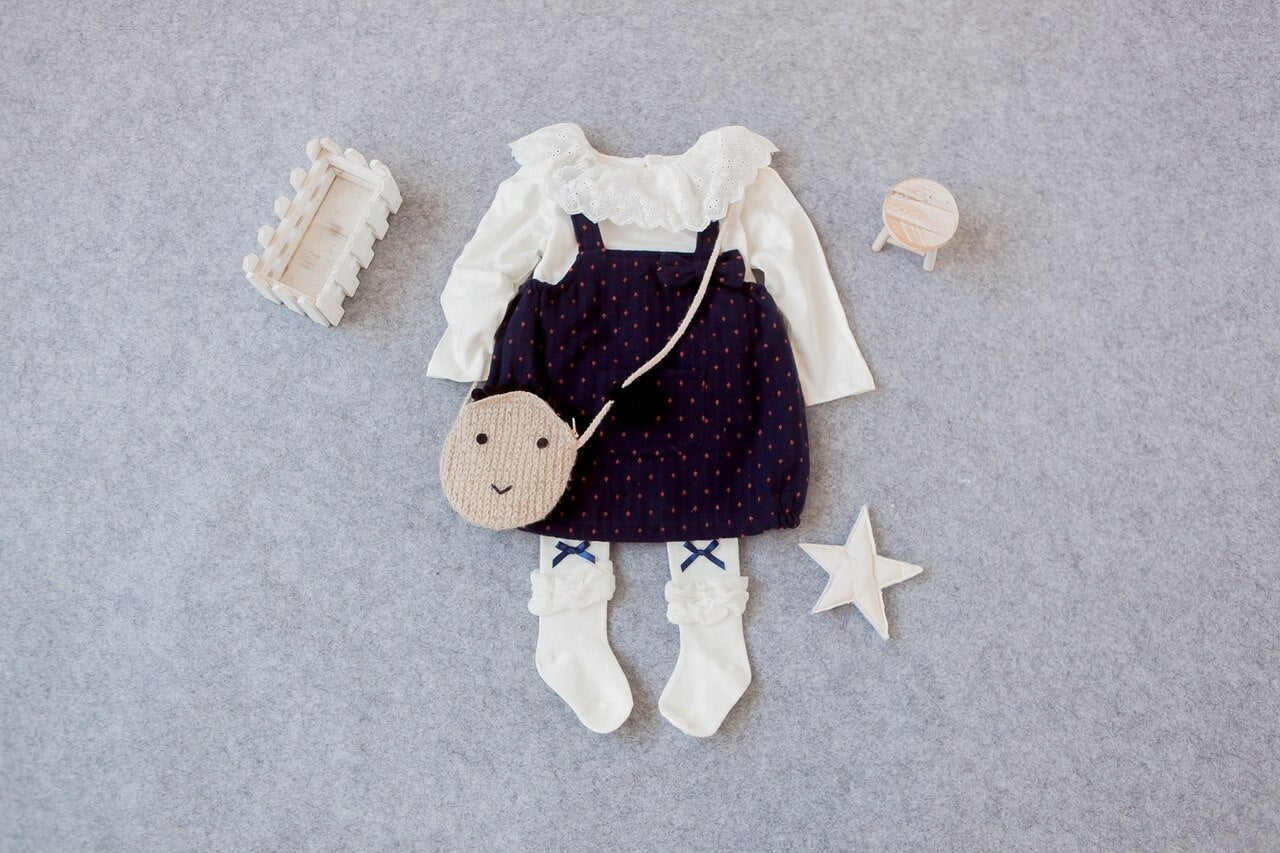 Girls Floral Pattern Navy Pinafore Dress Set ( Thick Material)