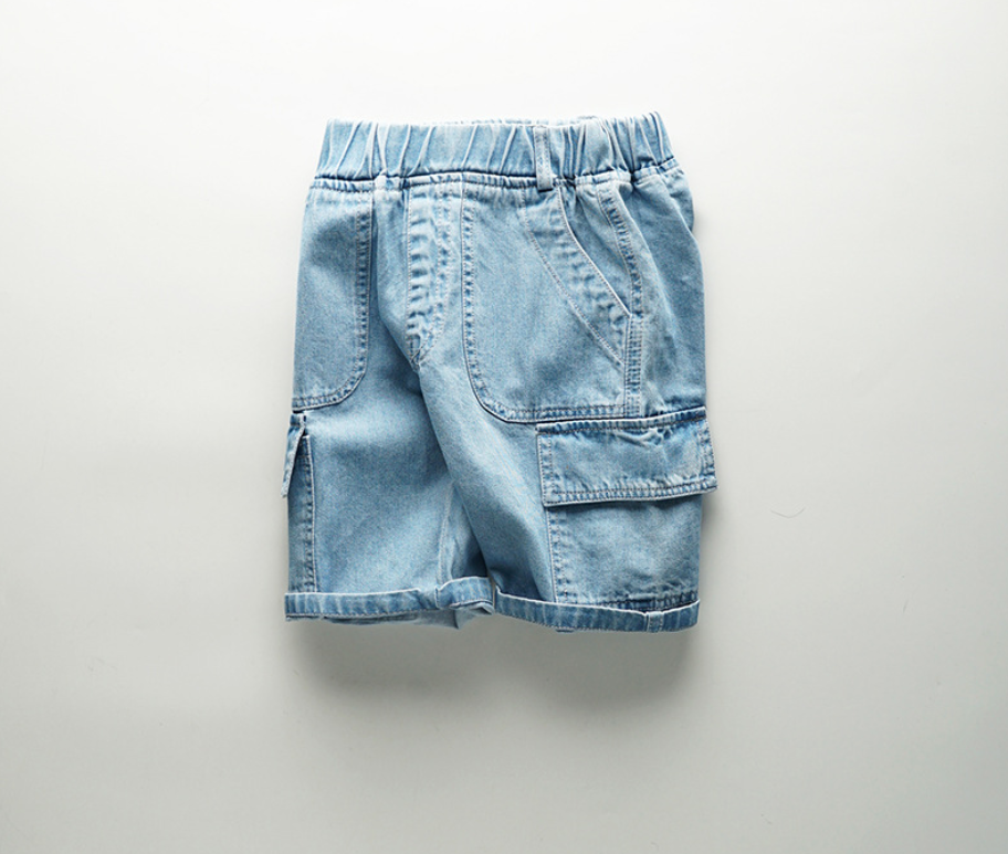 Cotton Denim Cargo Jeans Short - Blue