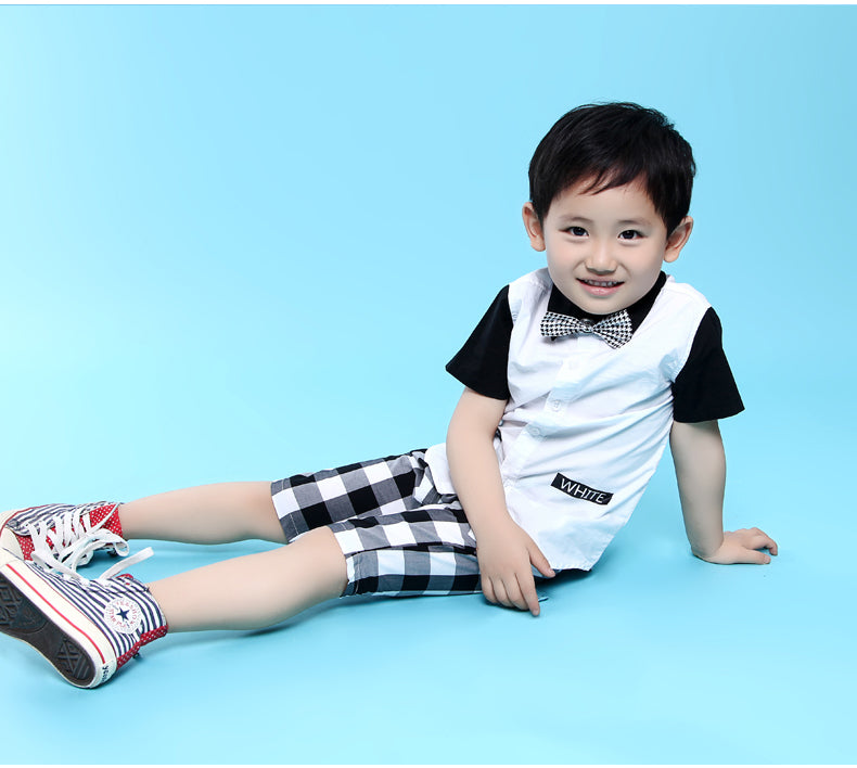 Boy Short Sleeve Bow Tie Two-Tone Shirt, White ( exclude bow tie)