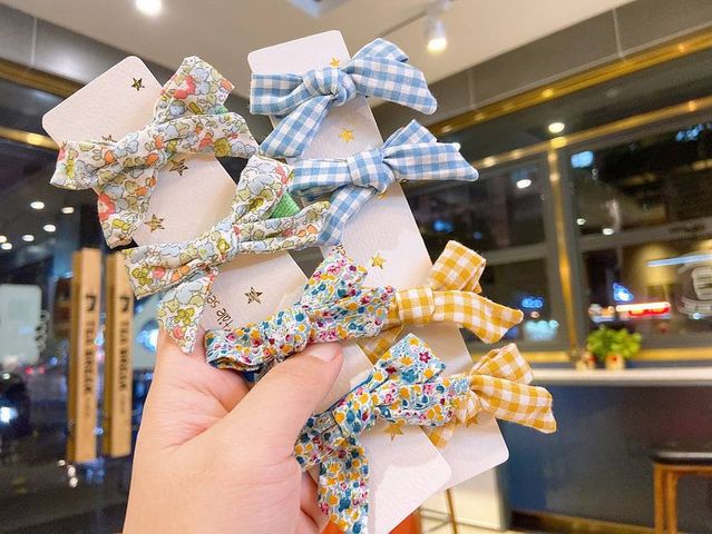 4 x Japanese Style Floral Hair Bows - Green/ Blue