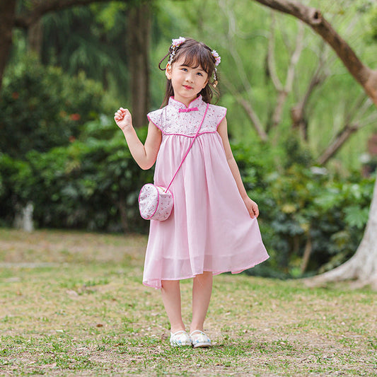 Premium Pink Girl Mandarin Collar Dress and Shoulder Bag Set