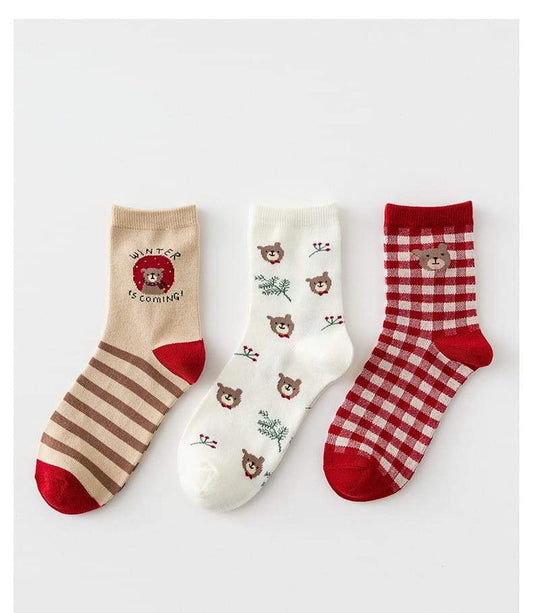 Women Winter Red Bear Socks - 3 Pairs In A box