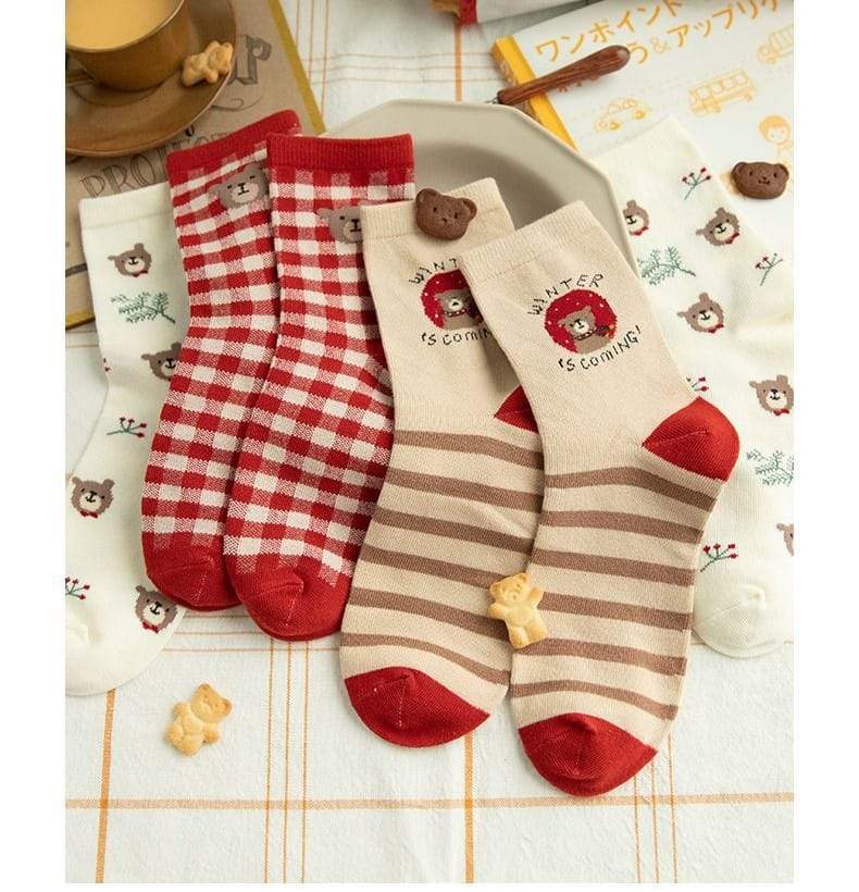 Women Winter Red Bear Socks - 3 Pairs In A box