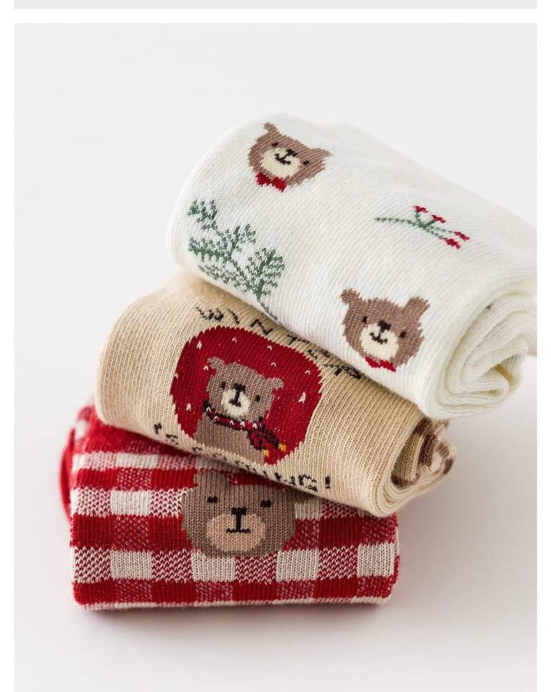 Women Winter Red Bear Socks - 3 Pairs In A box