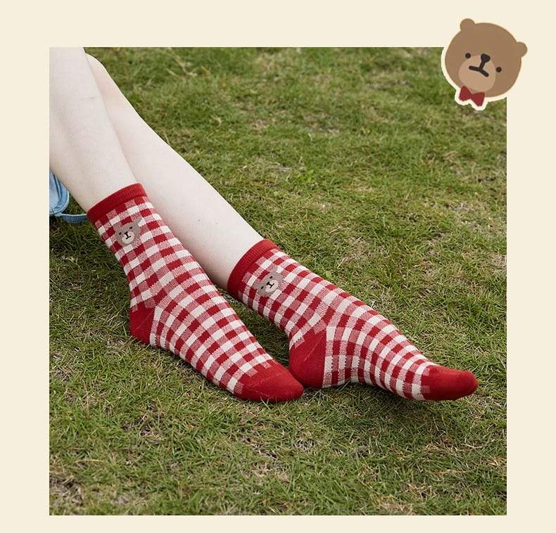 Women Winter Red Bear Socks - 3 Pairs In A box