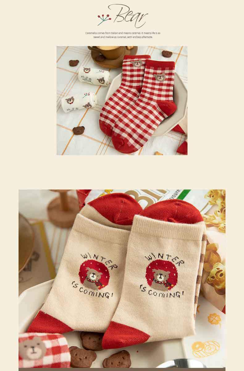 Women Winter Red Bear Socks - 3 Pairs In A box