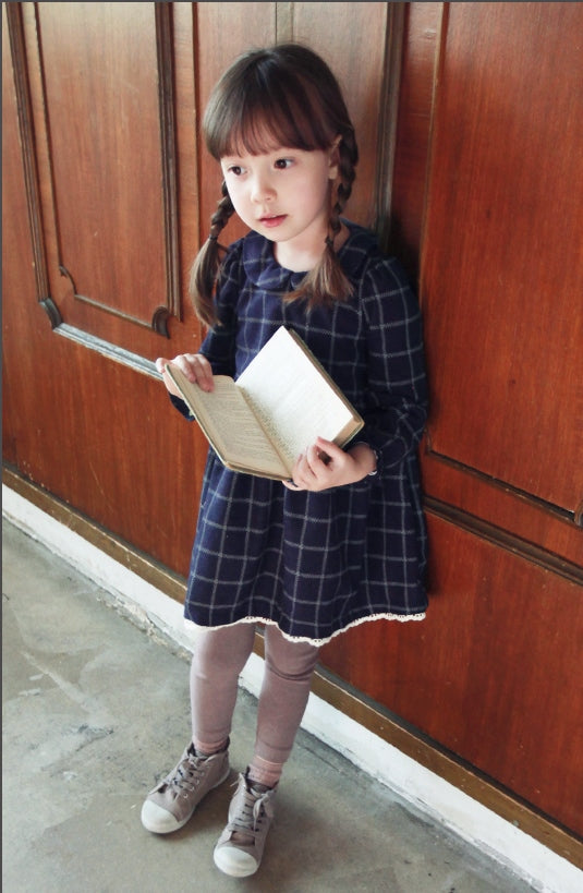 Girls Navy Blue Checked Dress