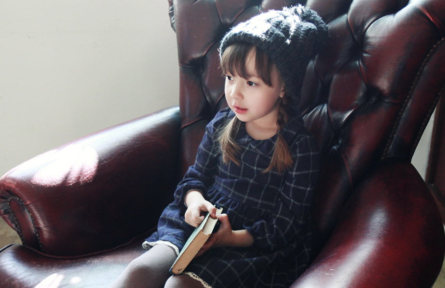 Girls Navy Blue Checked Dress