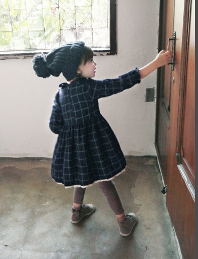 Girls Navy Blue Checked Dress